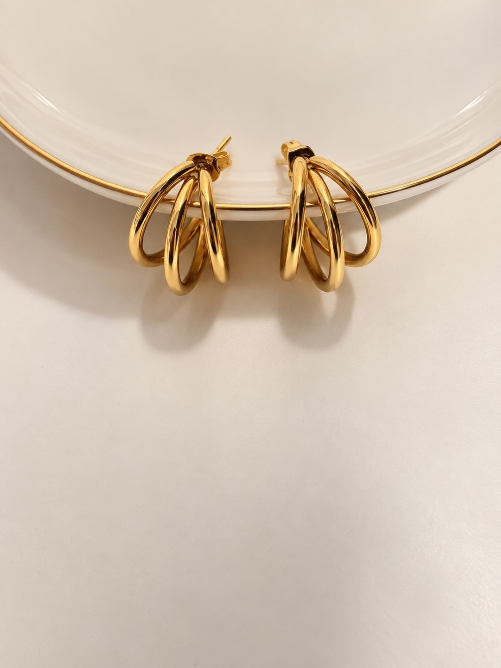 Gold Triple-Loop Hoop Earrings for Women